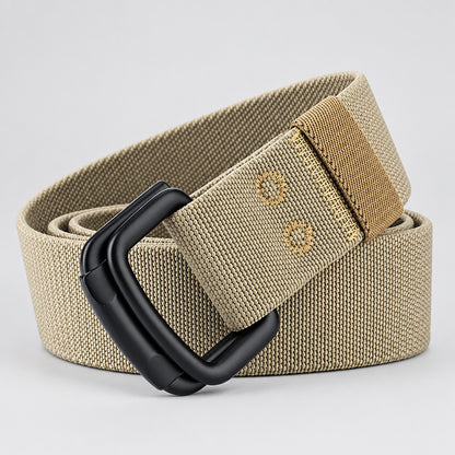 Khaki belt with black buckle on a white background, featuring the brand 'MaiKun'.