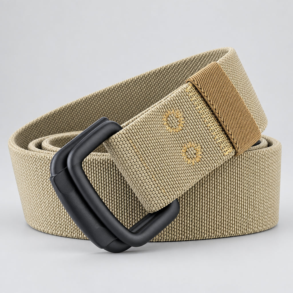 Beige belt with black buckle on a white background, featuring the brand 'MaiKun'.