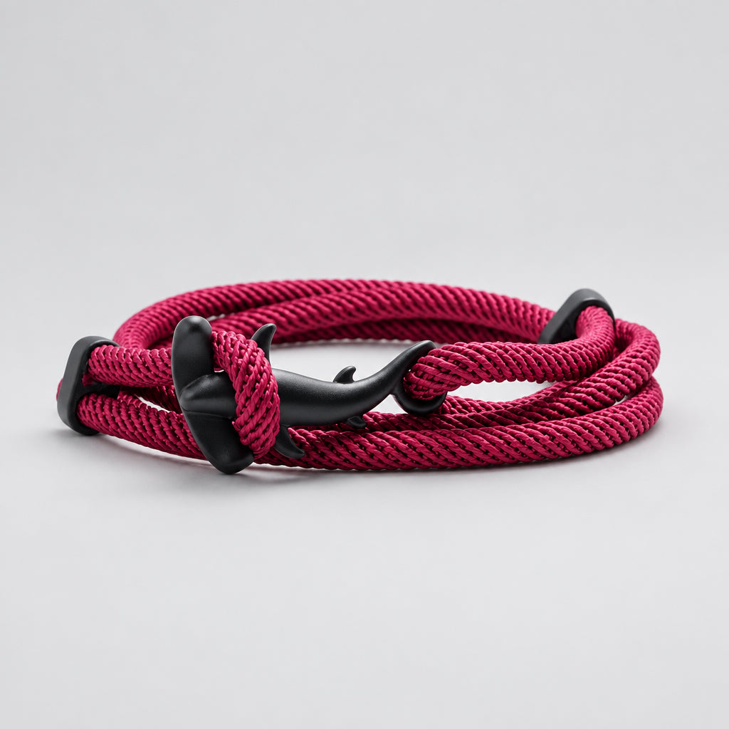 A red Shark Tide bracelet with a black fastener, designed to represent the strength and movement of ocean waves.