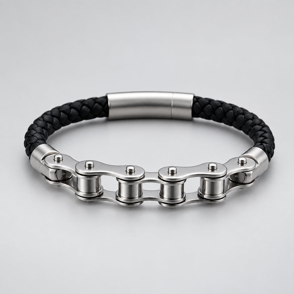 Biker Ghost Rider Bracelet Frosted Steel Chain with Leather Accent deideas