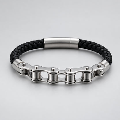 Biker Ghost Rider Bracelet Frosted Steel Chain with Leather Accent deideas