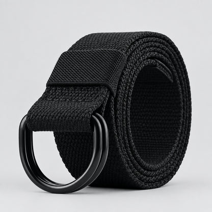 Black belt with a large ring buckle on a white background, featuring the brand 'MaiKun'.