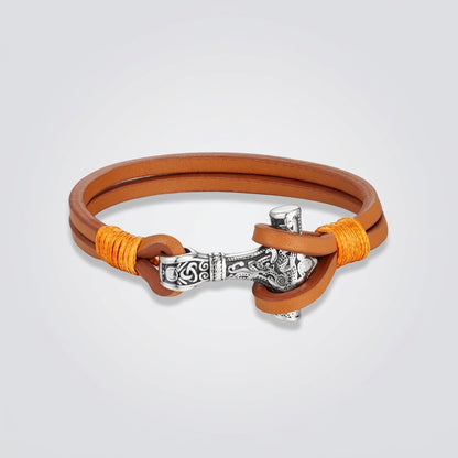 Bracelet en cuir Viking Thor Mjolnir Double couche Acier Breloque Mythologie Nordique