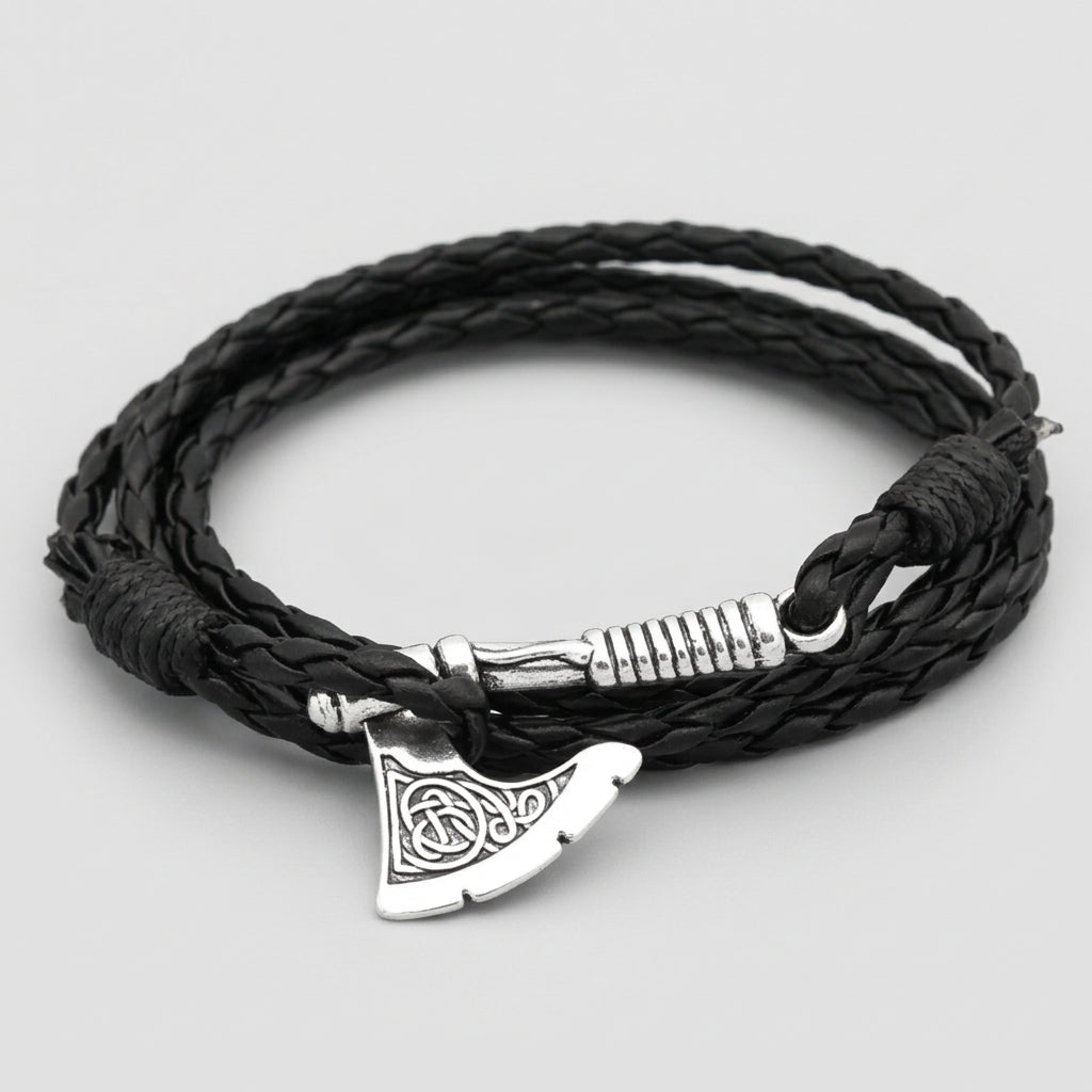 Viking-Inspired Axe Bracelet – Black Braided Leather