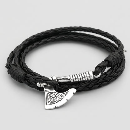 Viking-Inspired Axe Bracelet – Black Braided Leather