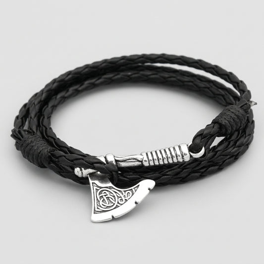 Viking-Inspired Axe Bracelet – Black Braided Leather
