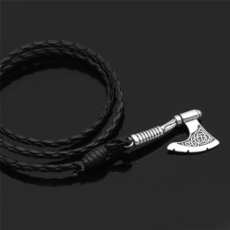 Viking-Inspired Axe Bracelet – Black Braided Leather