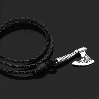 Viking-Inspired Axe Bracelet – Black Braided Leather