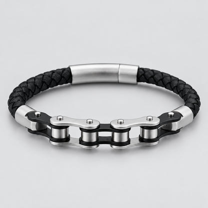 Biker Ghost Rider Bracelet Frosted Steel Chain with Leather Accent deideas