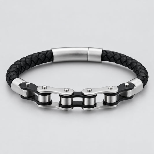 Biker Ghost Rider Bracelet Frosted Steel Chain with Leather Accent deideas