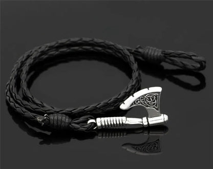 Viking-Inspired Axe Bracelet – Black Braided Leather