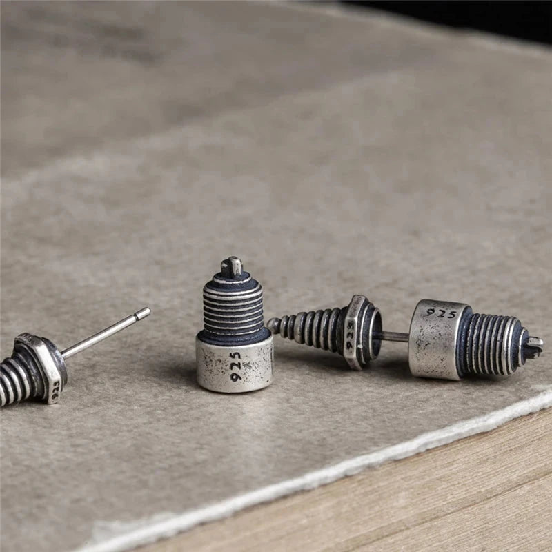 Sterling Silver Spark Plug Stud Earrings Biker-Inspired Steampunk & Cyberpunk Jewelry deideas
