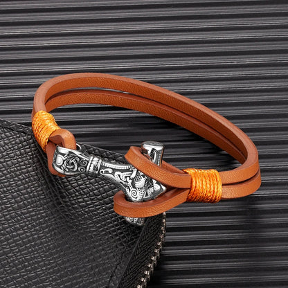 Bracelet en cuir Viking Thor Mjolnir Double couche Acier Breloque Mythologie Nordique