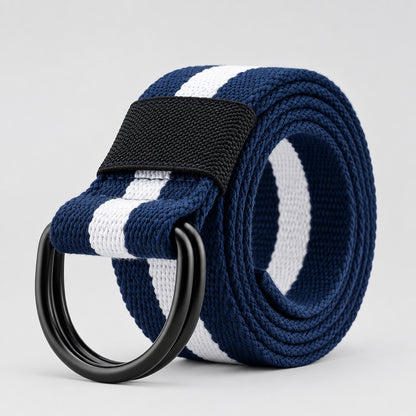 Navy blue and white striped belt with a black buckle on a white background