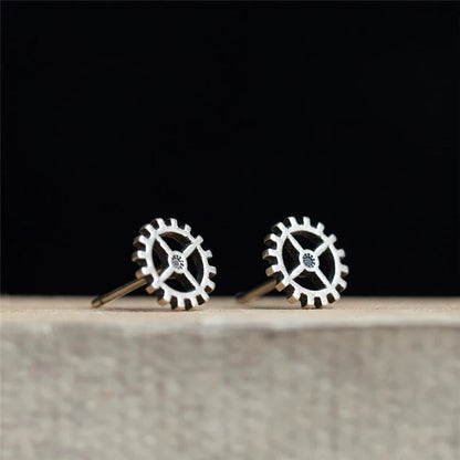 Unisex Steampunk Gear Stud Earrings 925 Sterling Silver Punk Rock Jewelry deideas