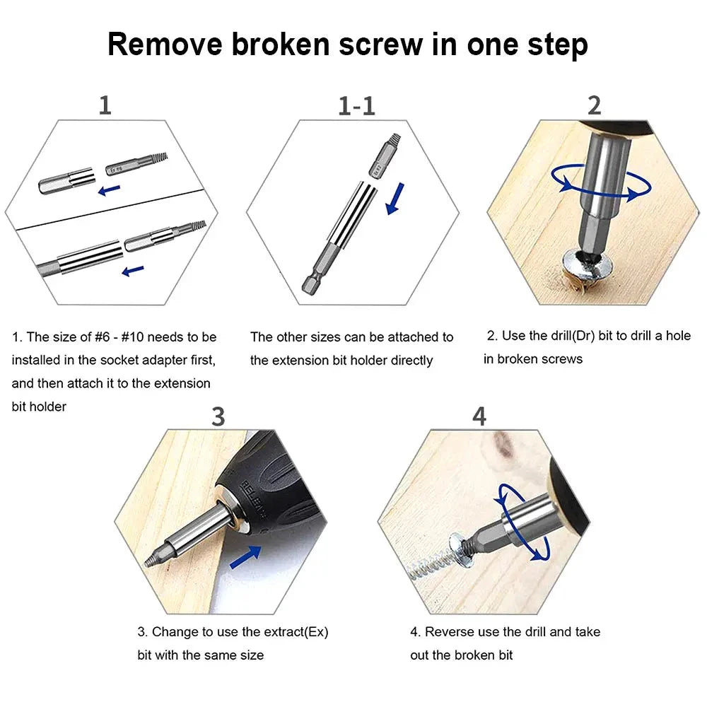 Damaged screw extractor, bit set, screwdriver extractor, bolt disassembly deideas
