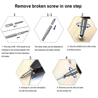 Damaged screw extractor, bit set, screwdriver extractor, bolt disassembly deideas