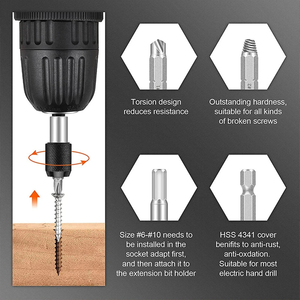 Damaged screw extractor, bit set, screwdriver extractor, bolt disassembly deideas