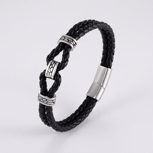 Black Braided Leather Bracelet Multilayer Stainless Steel Design deideas