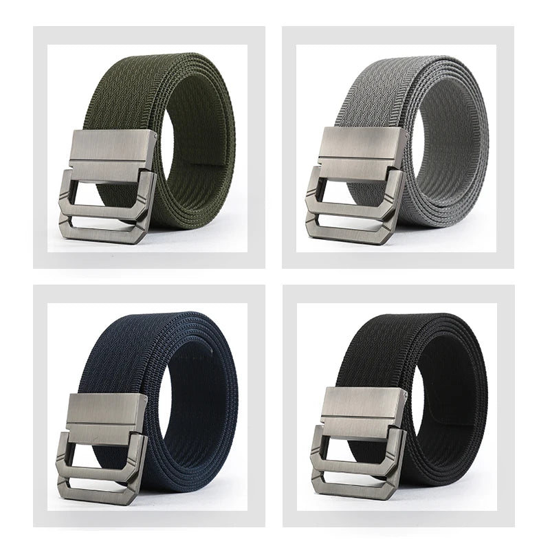 Four different colored belts with metal buckles on a white background
