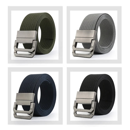 Four different colored belts with metal buckles on a white background