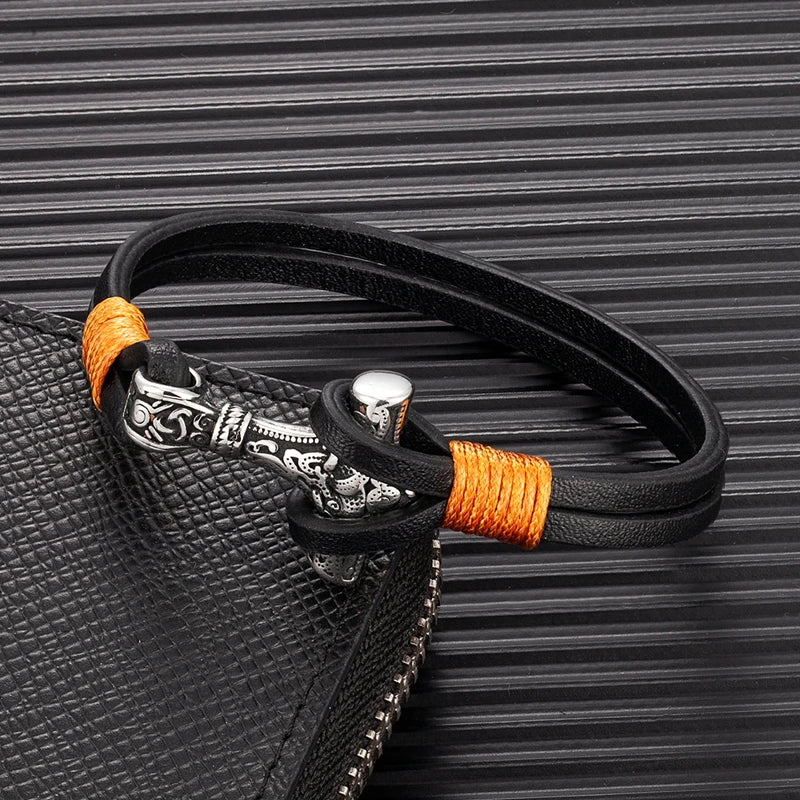 Bracelet en cuir Viking Thor Mjolnir Double couche Acier Breloque Mythologie Nordique