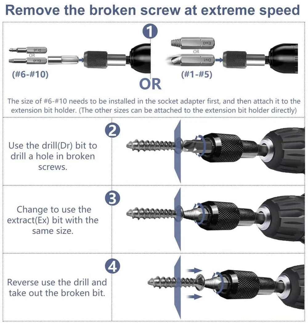 Damaged screw extractor, bit set, screwdriver extractor, bolt disassembly deideas