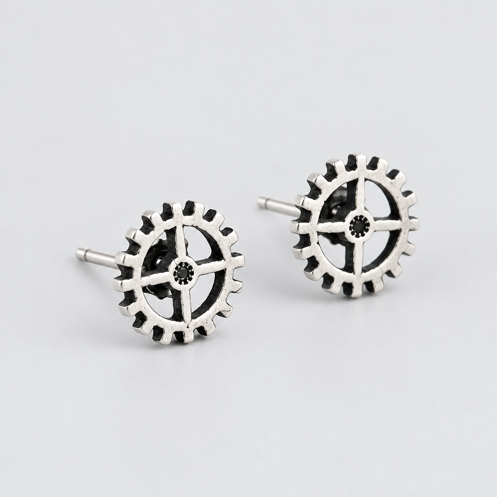 Unisex Steampunk Gear Stud Earrings 925 Sterling Silver Punk Rock Jewelry deideas