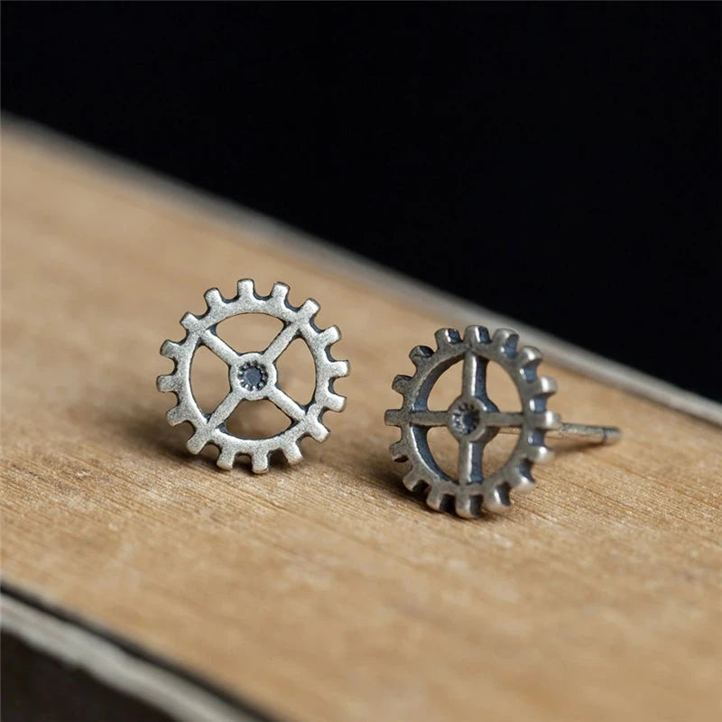 Unisex Steampunk Gear Stud Earrings 925 Sterling Silver Punk Rock Jewelry deideas