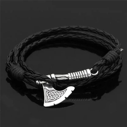 Viking-Inspired Axe Bracelet – Black Braided Leather