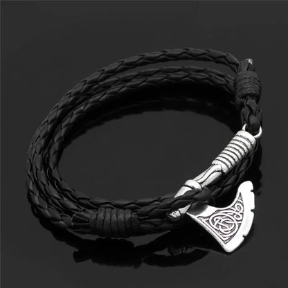 Viking-Inspired Axe Bracelet – Black Braided Leather