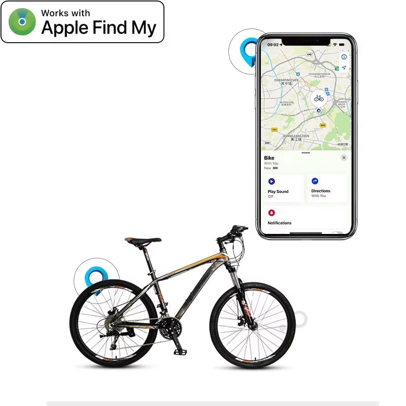Bicycle with a bike lock and smartphone displaying a map app, featuring 'Apple Find My' branding.