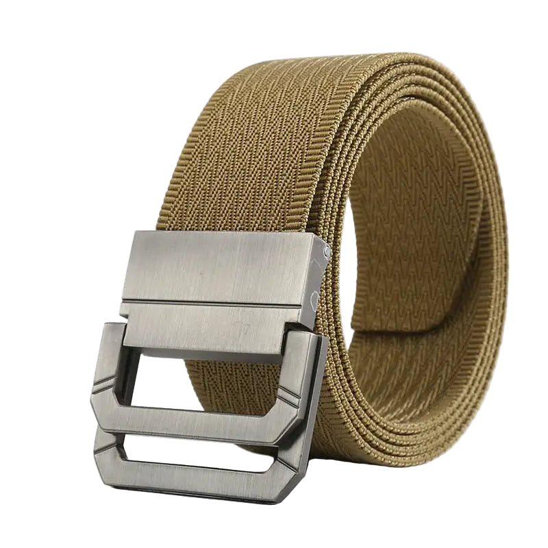 Khaki belt with a silver buckle on a white background, featuring the brand 'MaiKun'.