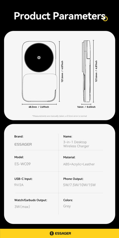 3-in-1 Magnetic Wireless Charging Stand – Foldable, Grey