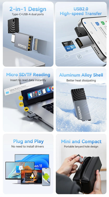 MicroSD Card Reader USB-C & USB 2.0, Dual Interface