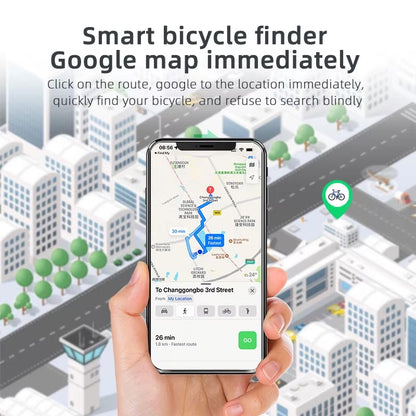 Smart bicycle finder app on a smartphone with a cityscape background