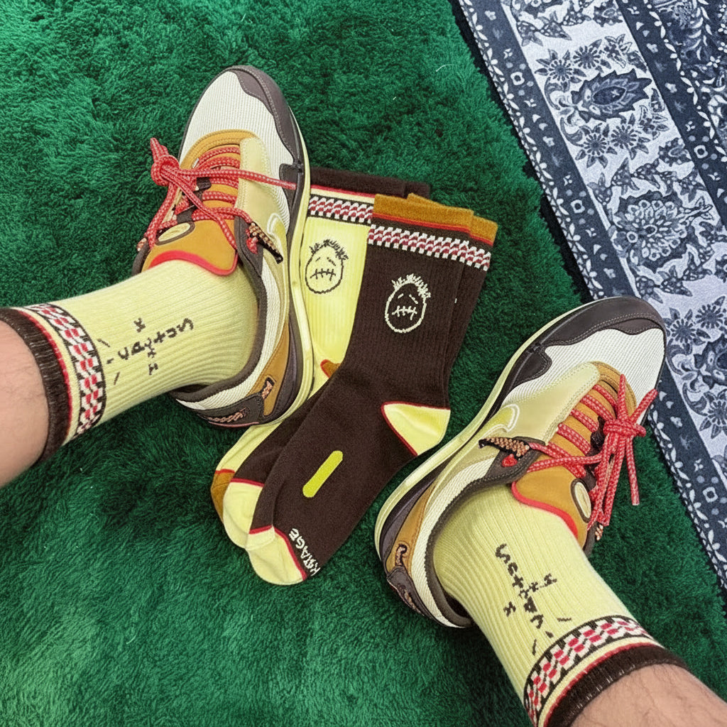 Pale yellow graphic socks worn with multicolored sneakers beside yellow and brown socks.