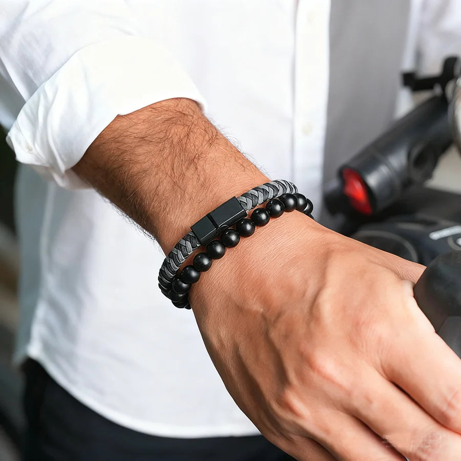 Noter 2Pcs Bracelets Exclusifs Pour Hommes 8mm Onyx Stone Strand Braclet Handmade Weaven Leather Braslet Perfect Gift For Him deideas