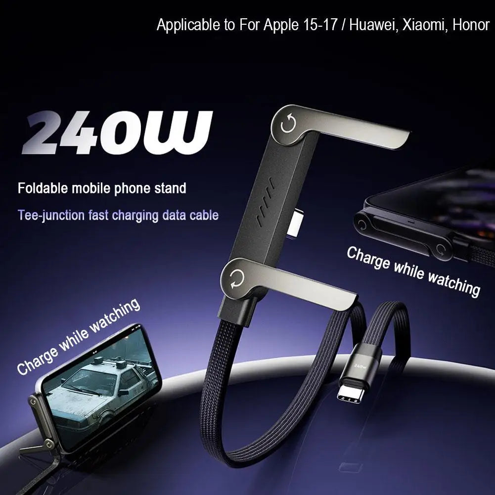 240W Fast Charging Cable + Foldable Phone Stand - USB-C & USB-A 2-in-1