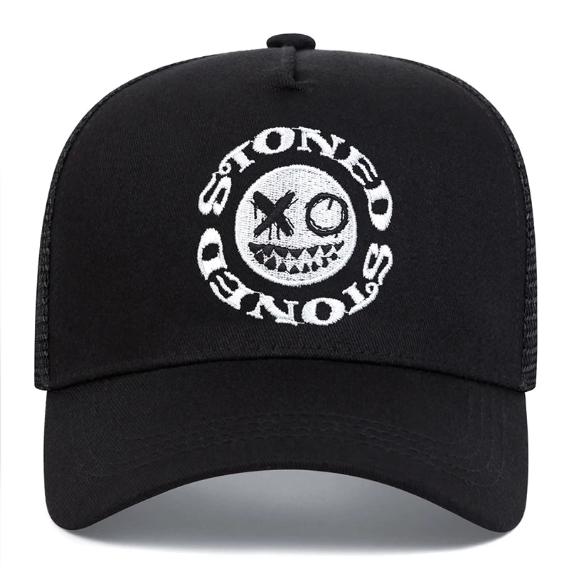 Smiley Face Embroidery Baseball Cap Mesh Trucker, Adjustable, Unisex
