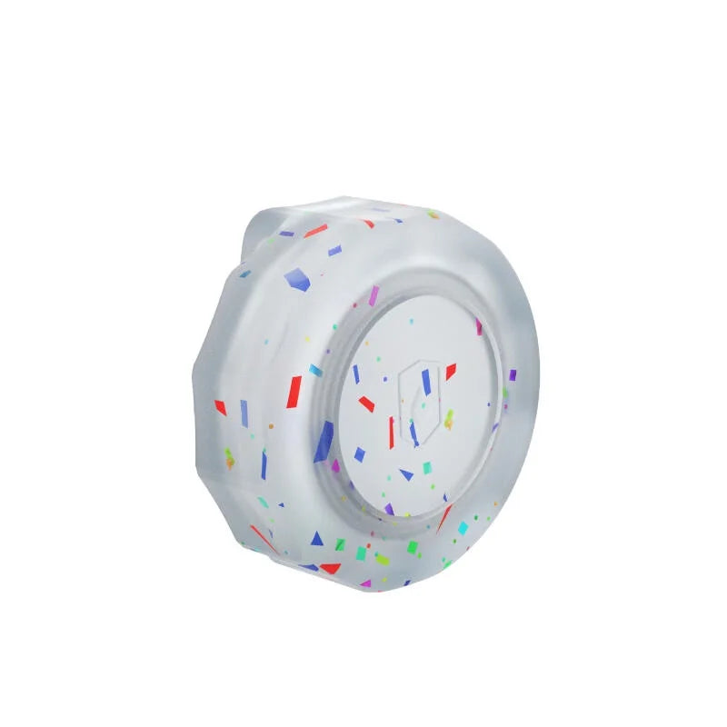 A protective and waterproof case for an Apple AirTag, displayed in disassembled parts, including a clear body with color speckles, a black anti-loss support, and a blue transport bag.