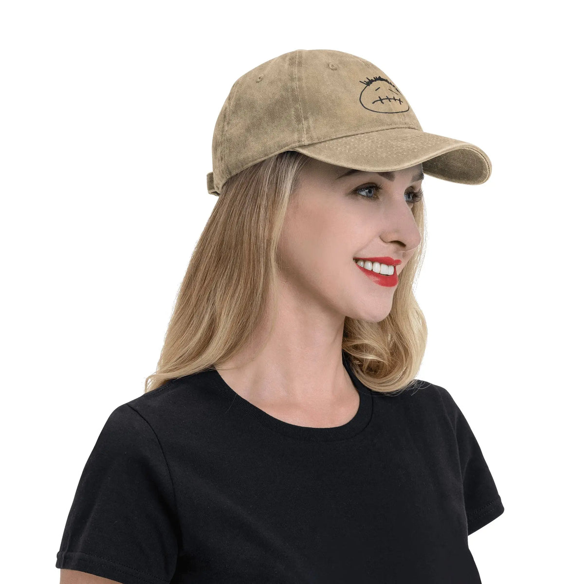 Washed Cotton Baseball Cap – Stitched-Mouth Face, 7 Colors