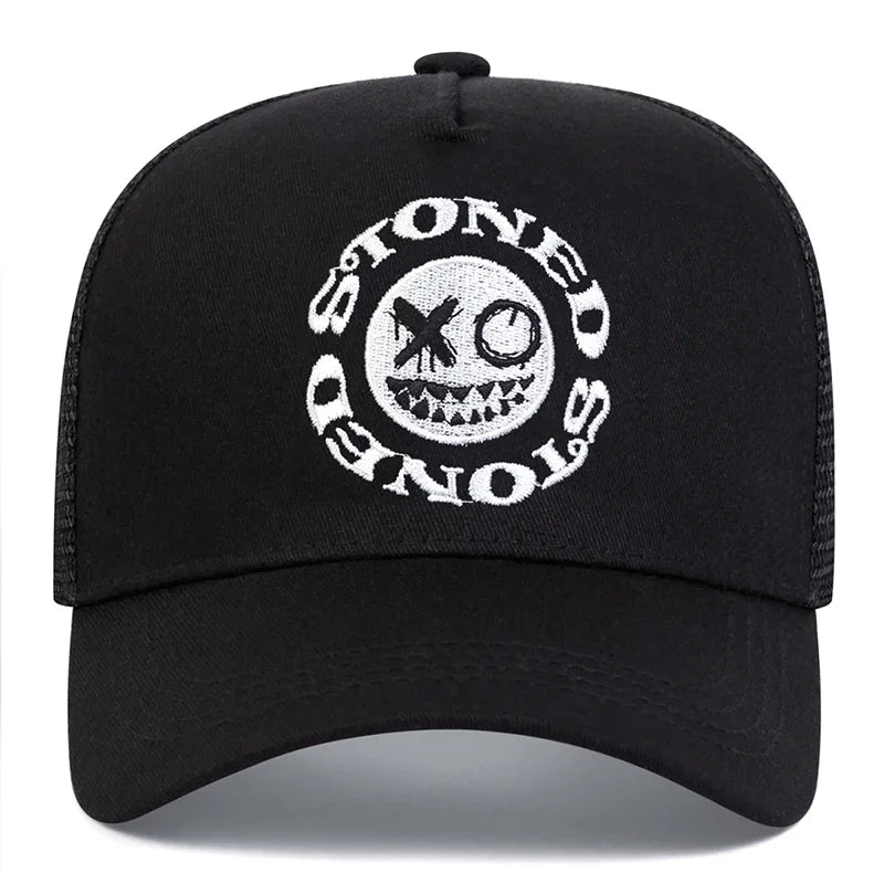 Smiley Face Embroidery Baseball Cap Mesh Trucker, Adjustable, Unisex