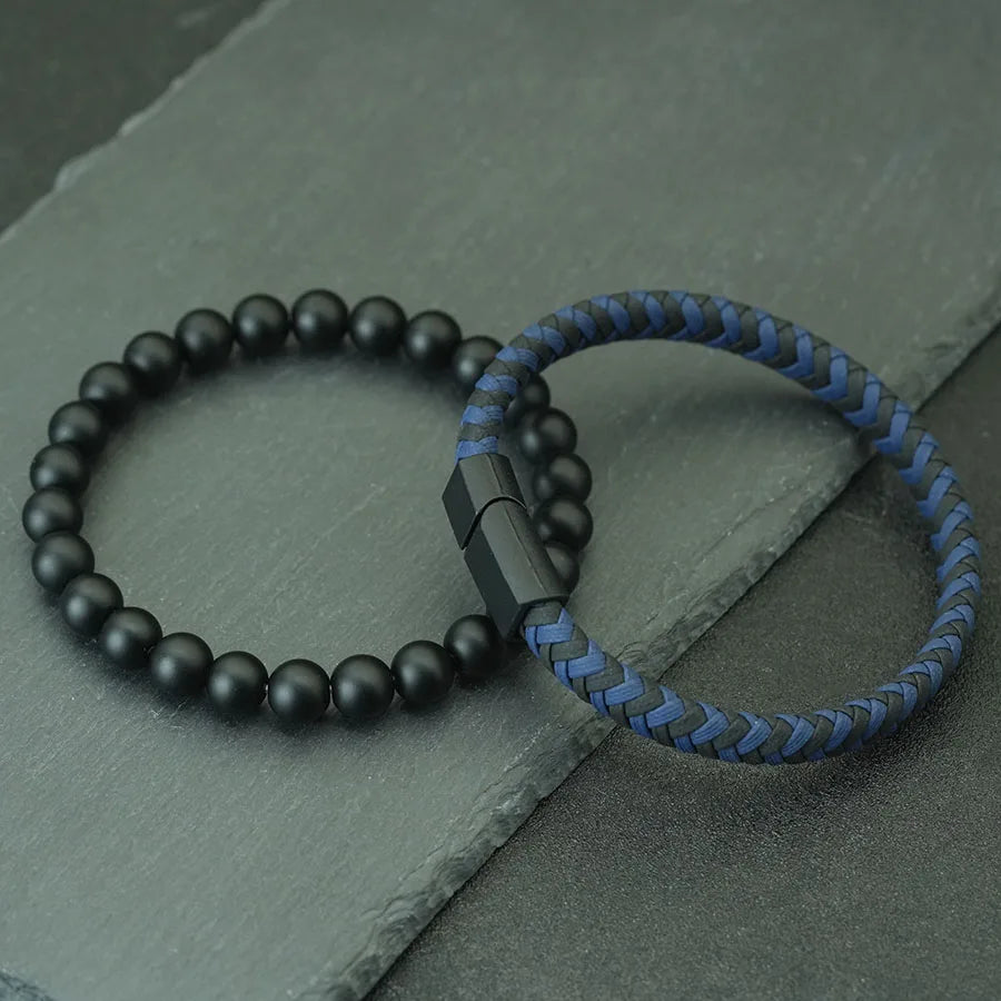 Noter 2Pcs Bracelets Exclusifs Pour Hommes 8mm Onyx Stone Strand Braclet Handmade Weaven Leather Braslet Perfect Gift For Him deideas