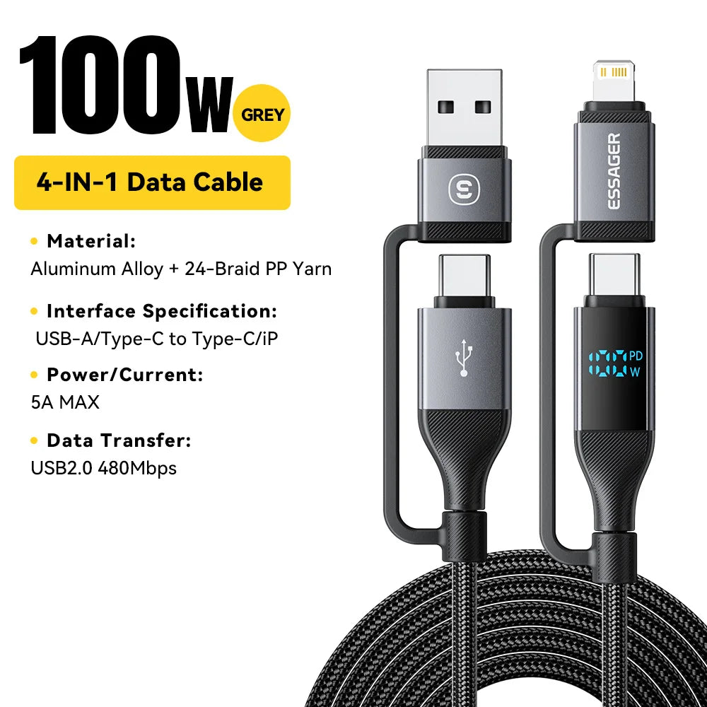4-in-1 USB Cable – 100W USB-C, Lightning, Power Display