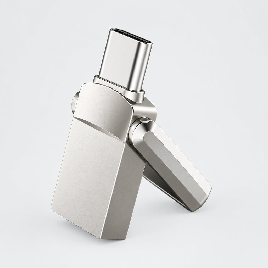 The image shows a silver USB flash drive with a dual connector, compatible with Type-C and PC/Mac. It highlights the 360° steel ring hook for easy switching between devices.