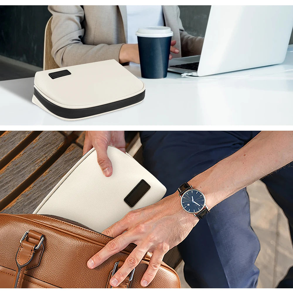 Beige organizer pouch on a desk and being placed in a larger bag.