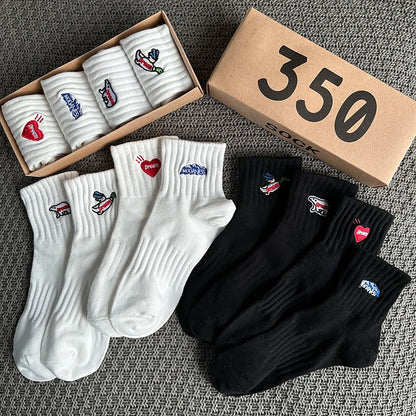 Embroidered Ribbed Socks 4-Pack – Boxed Cotton Blend