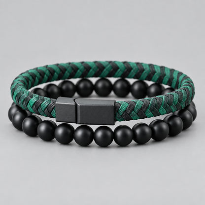 Noter 2Pcs Bracelets Exclusifs Pour Hommes 8mm Onyx Stone Strand Braclet Handmade Weaven Leather Braslet Perfect Gift For Him deideas