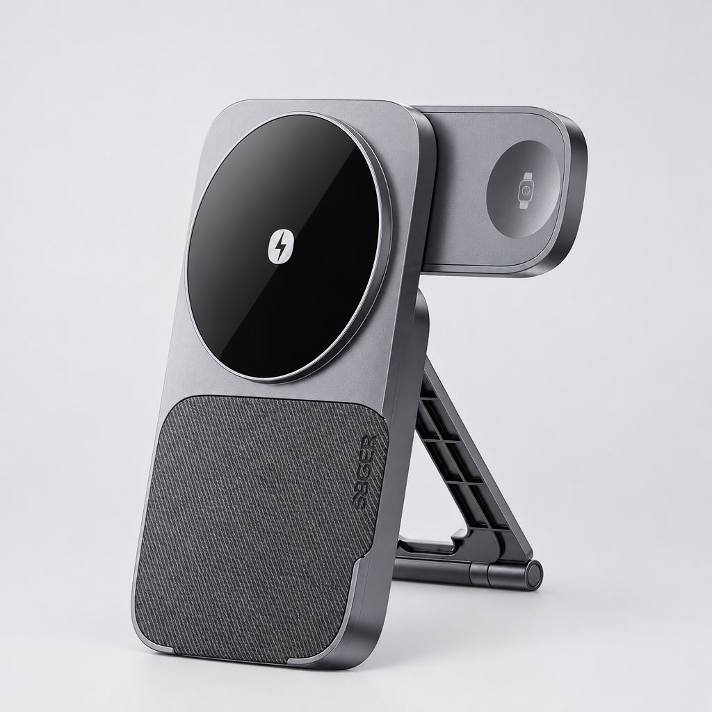 3-in-1 Magnetic Wireless Charging Stand – Foldable, Grey